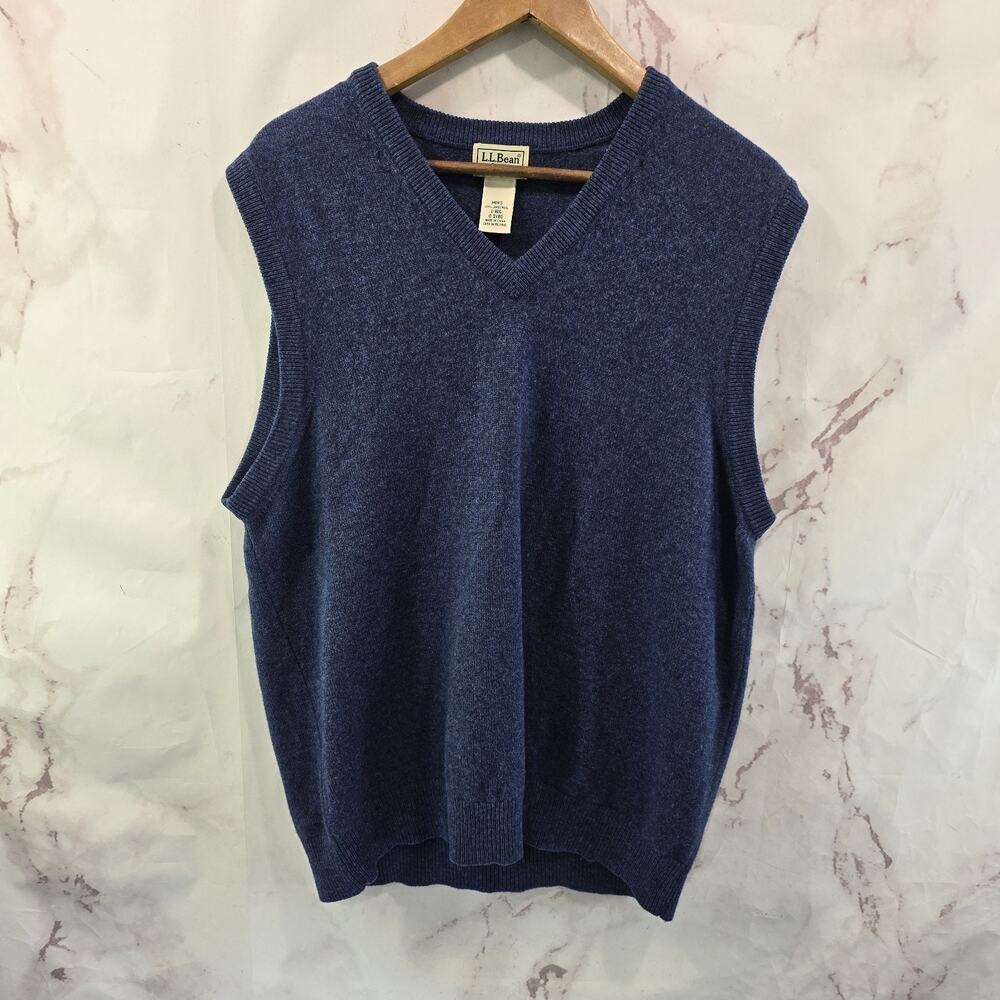 LL Bean Sweater Vest Mens Large Blue Lambswool Wool Vintage V Neck